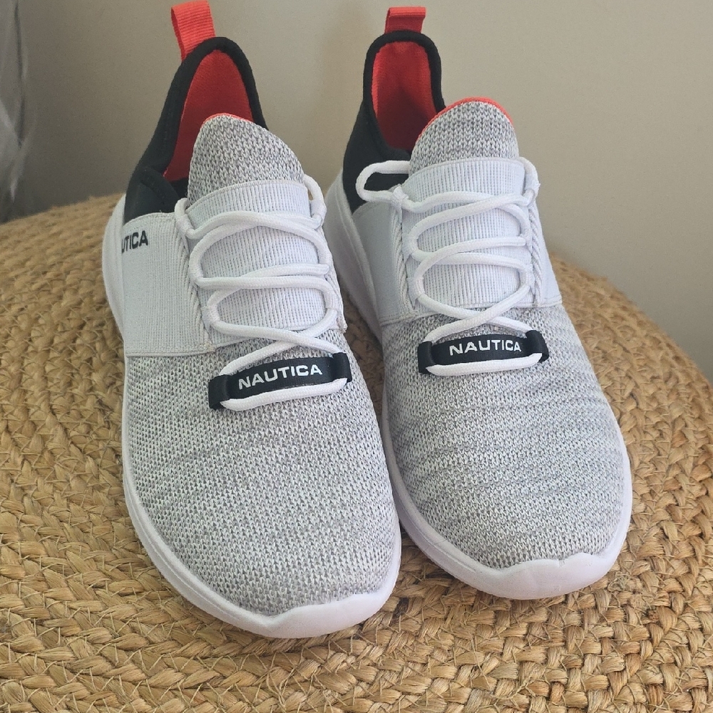 Nautica Knit Sneakers in White and Black with Red Accents